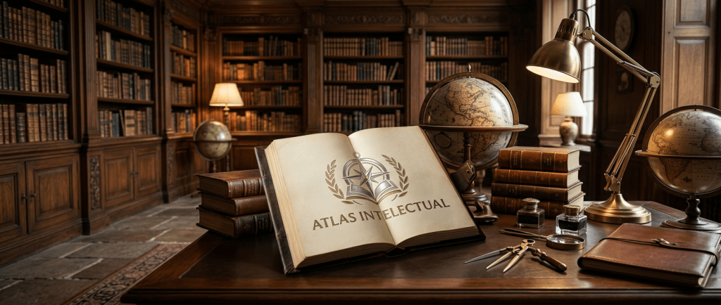 Logo with compass and open book surrounded by laurel branches, text reads Conhecimento é Poder Atlas Intelectual Educação & Desenvolvimento